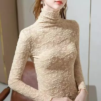 Простая кружевная рубашка с длинным рукавом, вязаная крючком, женская модная водолазка, женская блузка, женские элегантные женские облегающие топы 30272 S чёрный