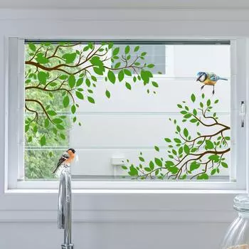 Простая маленькая статическая наклейка на окно в виде свежего зеленого листа и птицы, декоративная двухсторонняя визуальная наклейка на стену