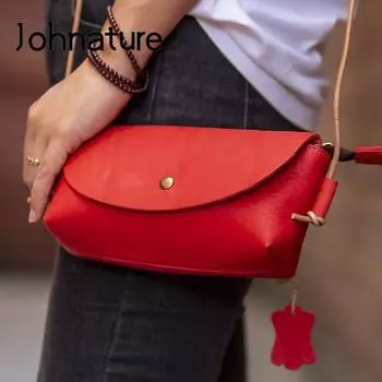 Простая маленькая сумка Johnature из натуральной кожи ручной работы, однотонные универсальные сумки на плечо и через плечо из натуральной яловой кожи в стиле ретро чёрный