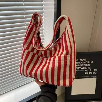 Простая маленькая свежая полосатая сумка через плечо повседневная модная большая вместительная сумка для покупок из плотного хлопка ретро литературная сумка чёрный
