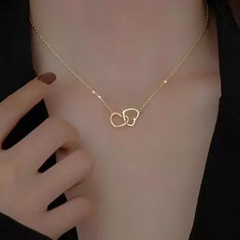 Простая металлическая цепочка на ключицу с двойным сердцем, темпераментное полое двойное кольцо с подвеской «Любовь», короткое ожерелье золотой