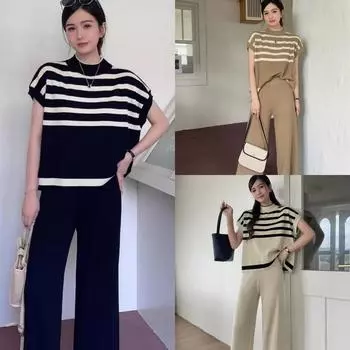 Простая модная полосатая вязаная жилетка, облегающие широкие брюки для женщин One size чёрный