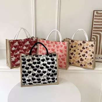 Простая модная сумка из льна с магнитной застежкой в форме сердца персикового цвета, большая вместительная сумка для путешественников, большая сумка-тоут чёрный