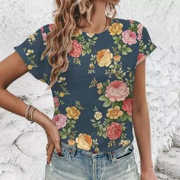 Простая модная высококачественная женская футболка, элегантная винтажная футболка с цветочным принтом, повседневная свободная и удобная футболка с круглым вырезом S