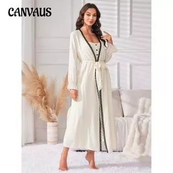 Простая ночная рубашка-халат для отдыха с бретельками через шею для женщин Four Seasons с длинными рукавами для женщин для сна дома S бежевый