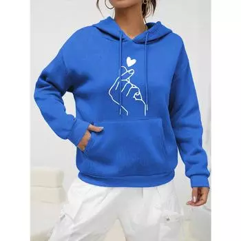 Простая одежда с принтом сердца от руки, женская хип-хоп уличная толстовка с капюшоном, повседневная модная толстовка с разноцветным карманом, женская толстовка с капюшоном S