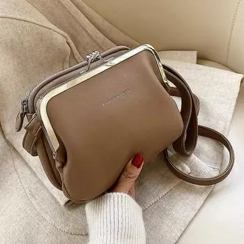 Простая однотонная сумка через плечо, женская сумка через плечо из искусственной кожи, новая модная сумка-мессенджер с зажимом, женская сумка-кошелек бежевый
