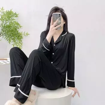 Простая пижама с длинными рукавами, брюки, комплект из двух предметов, свободная повседневная пижама, домашняя одежда из модала, женская однотонная пижама S