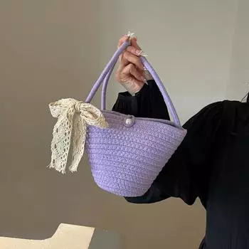 Простая полосатая сумка через плечо с плетением из веревки, милая сумка-ведро, сумка через плечо с лентой, пляжная сумка 22.5x10x15cm бежевый