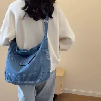 Простая повседневная джинсовая сумка через плечо, универсальная женская сумка для повседневного использования, синяя пригородная, школьная сумка чёрный