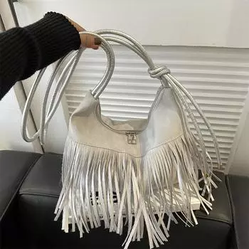 Простая повседневная сумка-мессенджер 2024 года, новая зимняя ретро-популярная женская сумка через плечо с бахромой, большая вместительная сумка-тоут чёрный