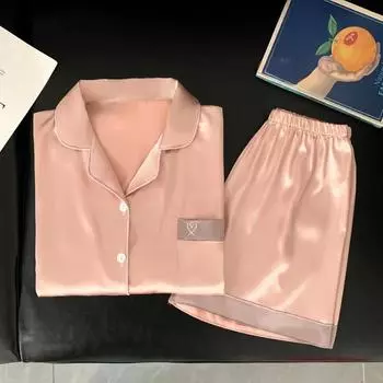 Простая розовая вышитая сердечка женская пижама корейская Harajuku однотонная домашняя ночная рубашка новая летняя милая женская пижама из 2 предметов XXL розовый