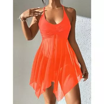 Простая сетчатая контрастная юбка с перекрещенной юбкой, комплект из 2 предметов, бикини, овальный вырез, спагетти с бретельками, однотонный женский купальник S чёрный