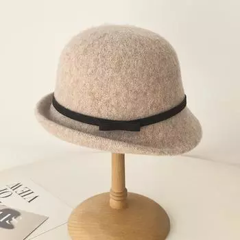 Простая шерстяная вязаная шляпа-цилиндр в стиле знаменитостей, женская осенне-зимняя элегантная теплая шляпа для рыбака с бантом и тазиком Adjustable (53-59cm head circumference) хаки