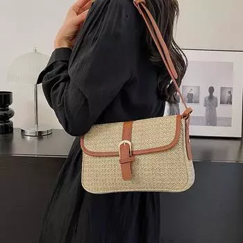 Простая соломенная сумка через плечо для женщин, летняя вязаная соломенная квадратная сумка, классические сумки на плечо бежевый