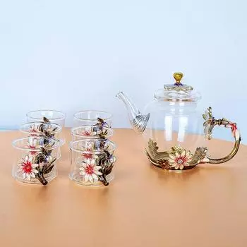 Простая современная утолщенная термостойкая стеклянная маленькая чайная кружка с фильтром, заварочный чайник, чайный набор, включающий 1 горшок и 6 чашек цветочного чайника one set