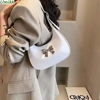 Простая сумка через плечо с бантом, сумка из искусственной кожи подмышками, однотонный кошелек-клатч с регулируемым ремешком, сумка в форме полумесяца для женщин чёрный
