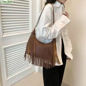 Простая сумка-мессенджер из искусственной кожи, однотонная женская сумка на плечо с кисточками, минималистичная сумка-хобо с бахромой, регулируемый ремешок для вечеринки, отдыха светло-коричневого