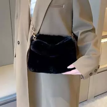 Простая сумка-ведро из искусственного меха, сумка через плечо с металлической цепочкой для женщин, повседневная плюшевая сумка, пушистый кошелек