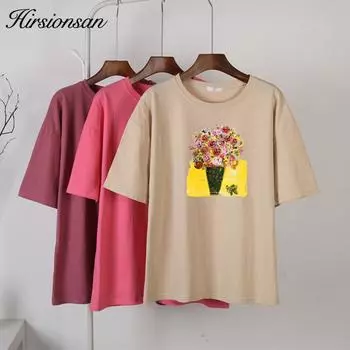 Простая свободная футболка Hirsionsan, женские повседневные футболки с круглым вырезом и короткими рукавами, женские корейские универсальные черные топы с цветочным принтом для девочек M белый