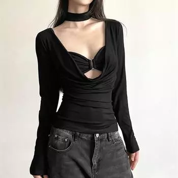 Простая тонкая повседневная мягкая универсальная обтягивающая сексуальная красивая зрелая женская осенняя короткая базовая рубашка-топ S чёрный
