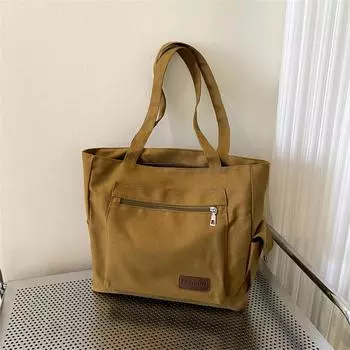 Простая вельветовая большая сумка, однотонная сумка через плечо, сумка с несколькими карманами в стиле ретро для школьной работы и покупок