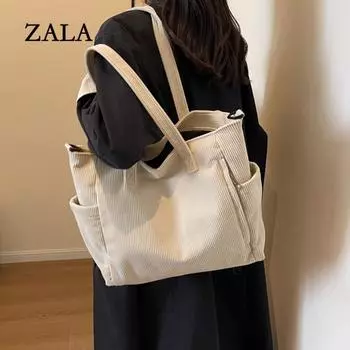 Простая вельветовая сумка-тоут, большая вместительная сумка через плечо, повседневная сумка через плечо для школьных путешествий 29x14x28cm бежевый