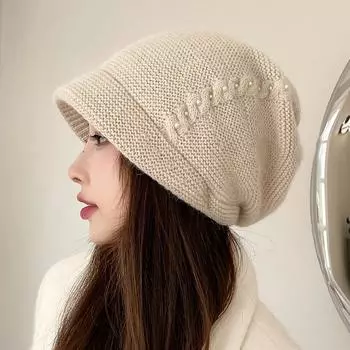 Простая вязаная шапка из кроличьего меха, скрученная текстура, жемчужная шерстяная шапка, модная простая шапка-пуловер для женщин M56-58cm белый