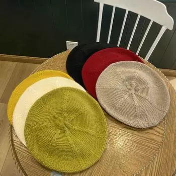 Простая вязаная шерстяная беретка для женщин, модная шляпа художника для осени и зимы, студенческая уличная шляпа-тыква M56-58cm чёрный