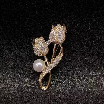 Простая жемчужина, полная бриллиантовая брошь-тюльпан, высококачественная французская женская одежда в национальном стиле, элегантный темперамент, небольшие аксессуары