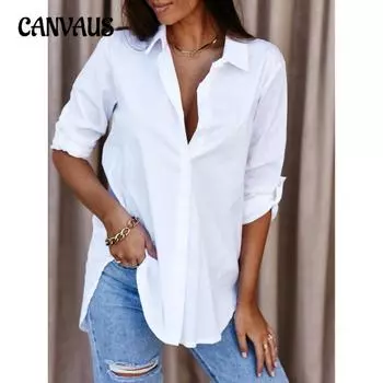 Простая женская блузка с длинным рукавом и V-образным вырезом на пуговицах на весну и осень S белый