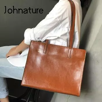 Простая женская большая сумка из натуральной кожи, масляная восковая сумка из коровьей кожи, однотонная сумка на плечо