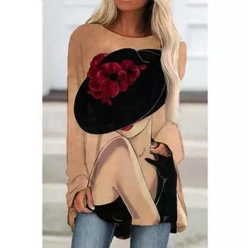 Простая женская футболка с принтом в стиле ретро, модная свободная футболка с круглым вырезом и длинными рукавами, осенний универсальный повседневный топ в стиле ретро для отдыха S