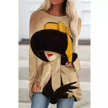 Простая женская футболка с принтом в стиле ретро, модная свободная футболка с круглым вырезом и длинными рукавами, осенний универсальный повседневный топ в стиле ретро для отдыха S