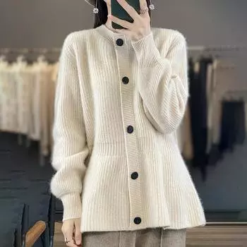 Простая женская куртка миди однотонного цвета с круглым вырезом, повседневный вязаный кардиган свободного кроя XXL бежевый