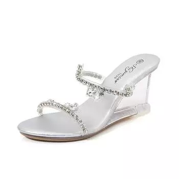 Простая женская обувь на высоком каблуке на танкетке со стразами для ночного клуба, обувь для подиума, обувь для танцев на пилоне, серия 1098 с кристаллами, каблук 8 см LFD 34 серебряный