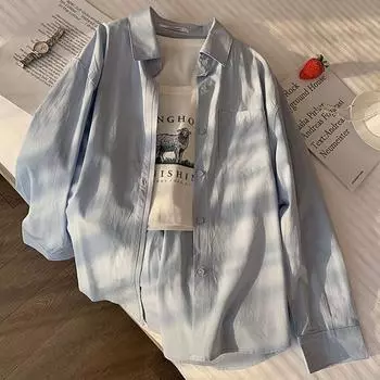 Простая женская рубашка в Корейском стиле, свободная, с длинным рукавом, на пуговицах, повседневная осенняя универсальная офисная женская блузка XS синий