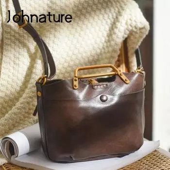 Простая женская сумка Johnature из натуральной кожи, однотонные сумки ручной работы из натуральной яловой кожи на плечо и через плечо