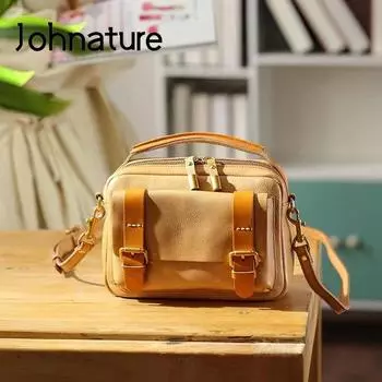 Простая женская сумка Johnature из натуральной кожи, универсальная сумка высокого качества, однотонные мягкие сумки на плечо из воловьей кожи чёрный