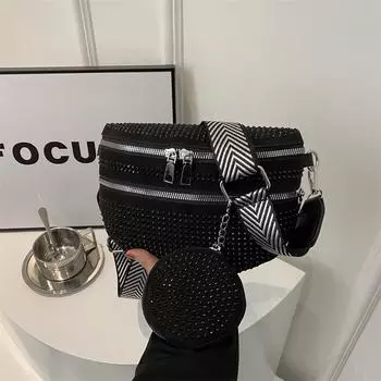 Простая женская сумка с широким плечевым ремнем в корейском стиле, новая весенне-летняя модная горячая нагрудная сумка с бриллиантами, японская персонализированная косая сумка-трансформер серебряный