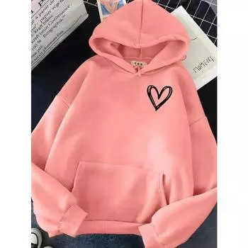 Простая женская толстовка с принтом в виде сердца, мягкая, повседневная, свободная, винтажная, женская, толстовка с капюшоном, 2024, зимние, теплые, флисовые, студенческие топы S чёрный