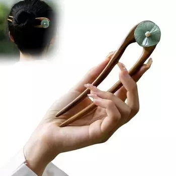Простая женская заколка U-образной формы, новая китайская стилистика, деревянная палочка для волос с нефритом и листом лотоса, элегантные винтажные аксессуары для волос для ханьфу
