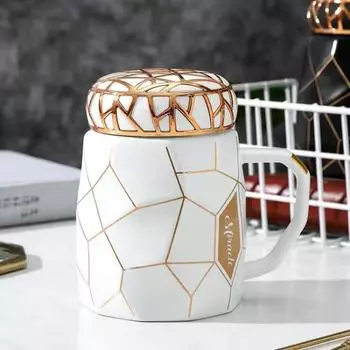 Простая золотая кружка в скандинавском стиле, сетчатая керамическая чашка для воды, кофейная чашка, чашка для молока, чашка для воды с крышкой белый