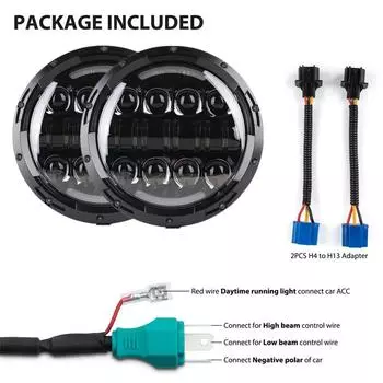 ПРОСТАЯ УСТАНОВКА PLUG AND PLAY - Эта 7-дюймовая фара прямого подключения с 3-контактным разъемом на фаре(H4). Поставляется с адаптером H4/H13.