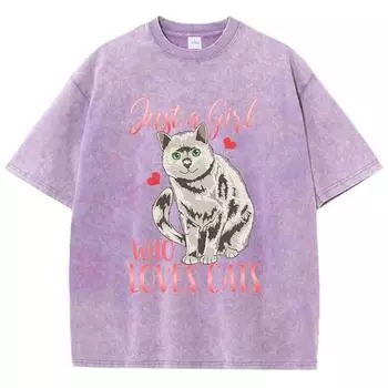 Просто девушка, которая любит кошек Принт для женщин Футболки с эффектом потертости Летние футболки стираные Дышащие футболки Мягкая милая одежда S