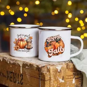 Просто девушка, которая любит осень, напечатанная эмалевая чашка с рисунком тыквы, чашка для молока и кофе, осенняя ручка 8CM