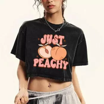 Просто Персик Иллюстрация Принт Женские Выстиранные Футболки Футболка с Круглым Вырезом Удобная Одежда Приталенный Хлопок Уличная Одежда M
