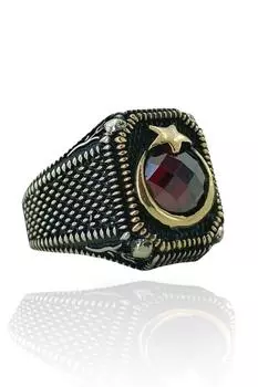 Простое элегантное стильное серебряное кольцо 925 пробы с полумесяцем и звездой из красного циркона