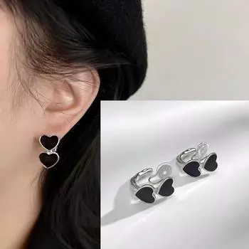 Простое черное персиковое сердце, серьга, зажим для ушей без отверстия для уха, женский ретро-зажим для ушей с двойным персиковым сердцем, C-образный