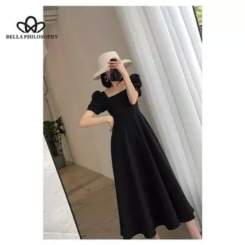 Простое черное платье женское, новинка лета 2024 г., с квадратным вырезом во французском стиле, элегантное длинное платье в стиле ретро в стиле Хепберн S чёрный